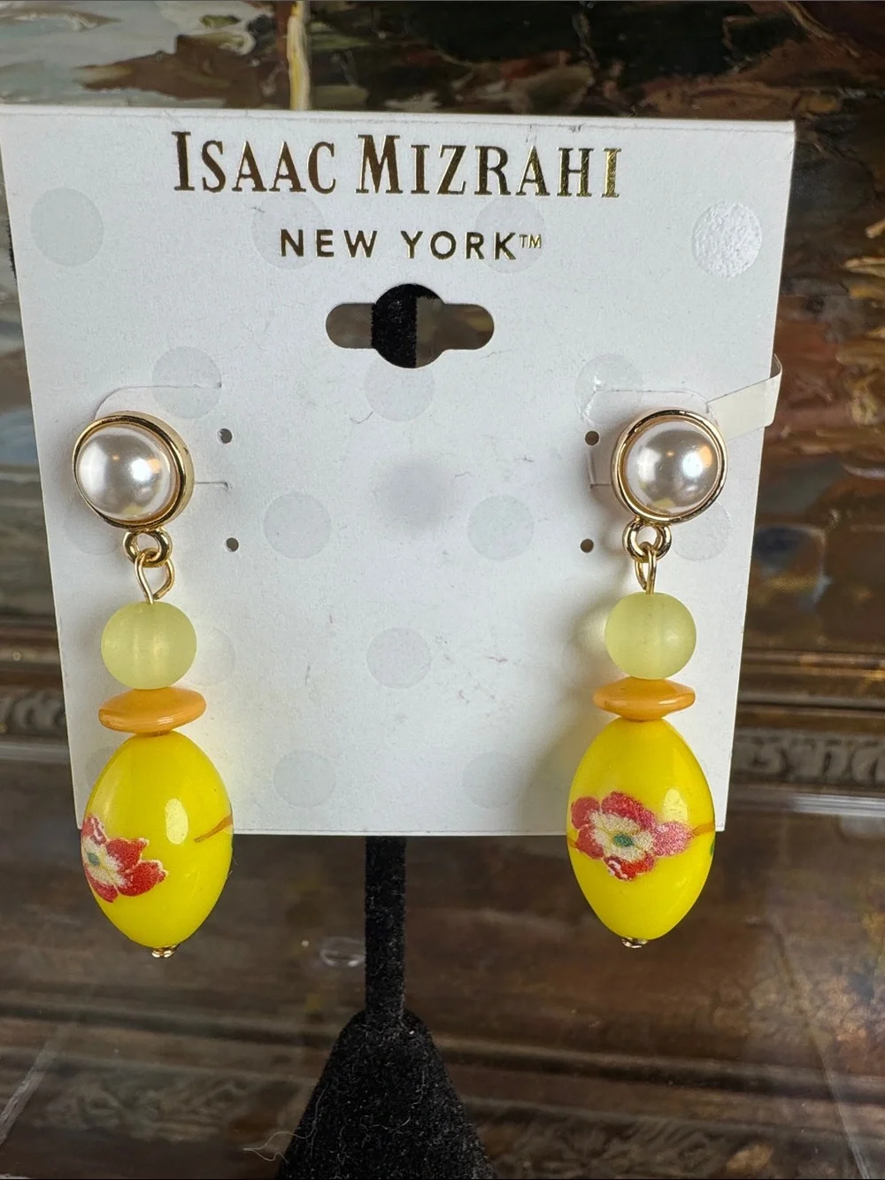 0593-Isaac‎ Mizrahi Yellow Floral Drop Earrings with Pearl Tops